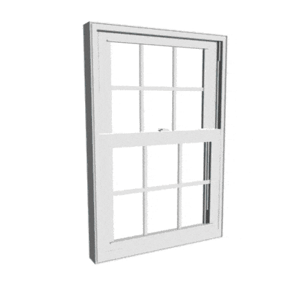 A white double hung window on a white background.